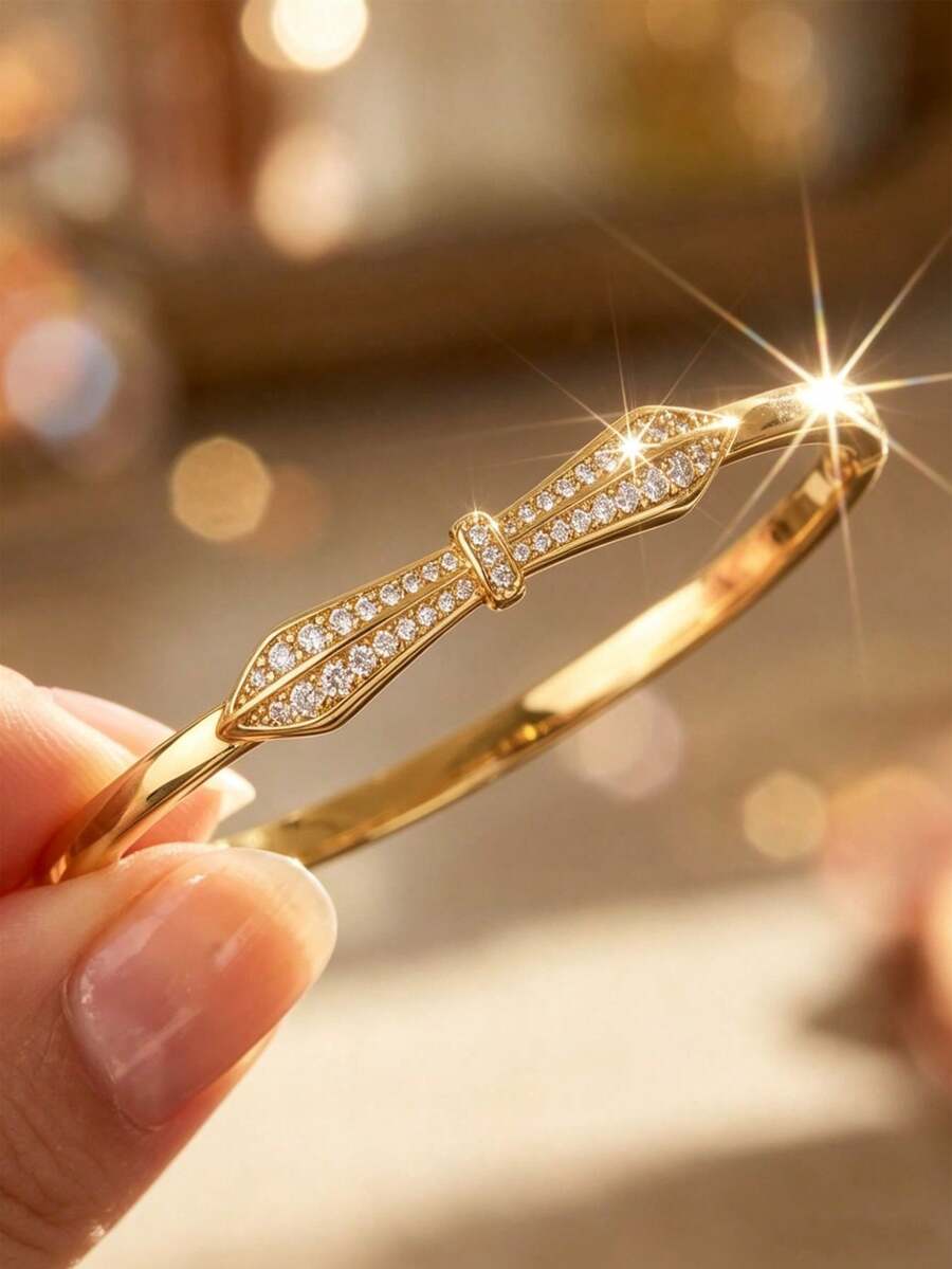 1pc Gold-Plated Copper Bracelet With Cubic Zirconia Bow Design, High-Quality Exquisite Jewelry, Ideal Gift For Wedding, Birthday, Valentine's Day Or Daily Wear For Friends, Family And Couples - Gold - View 1