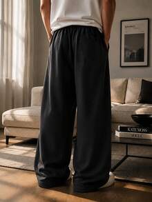 Men's Loose Fashion Wide Leg Long Pants, Minimalist Solid Color Wide Leg Fit, Drawstring Waist Design, Large Pockets, Unisex Style, Suitable For Daily Walking, Work, Home, Travel, Watching World Cup And Other Occasions. Best Father's Day Gift - Black - View 6