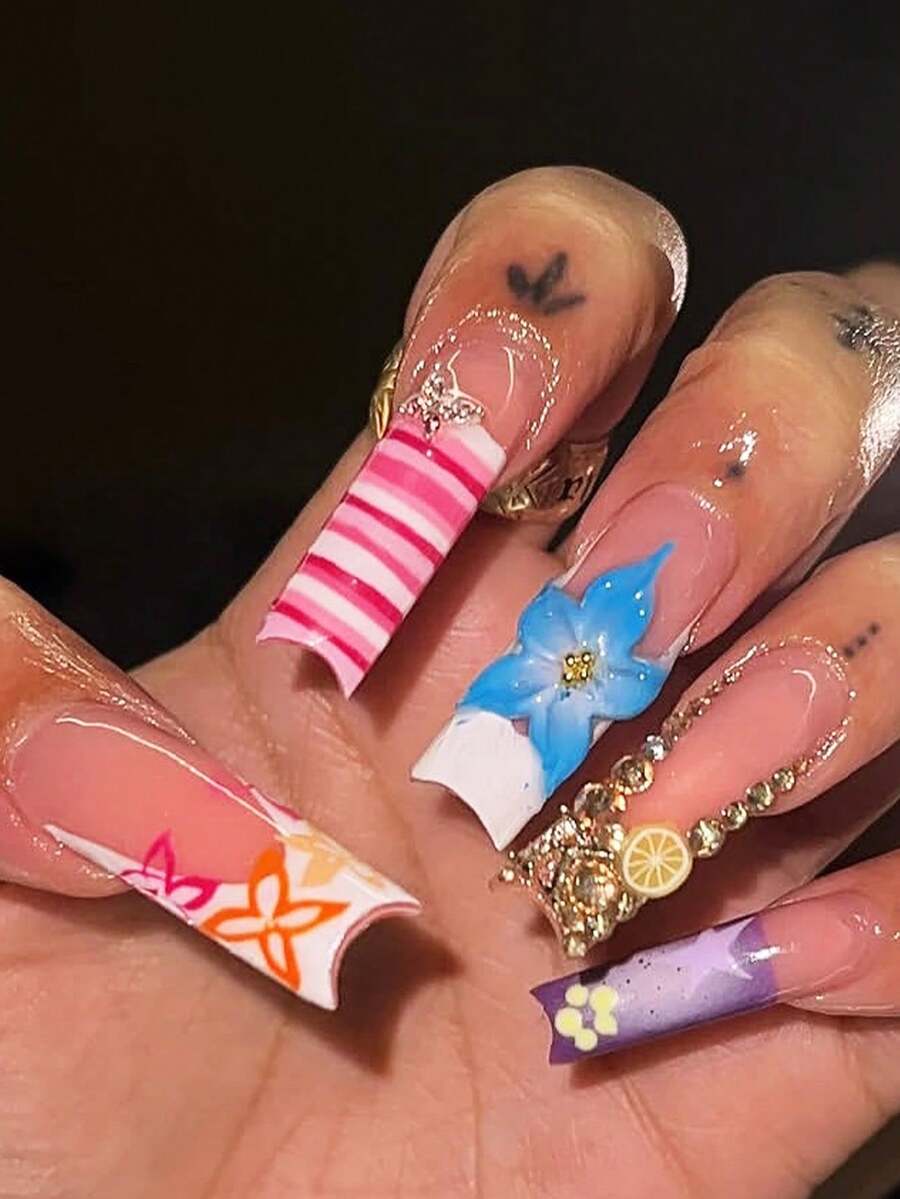 24pcs Medium Long Trapezoid Nail Stickers, Hot Summer Style, Nude Pink Gradient Color For Youthful Look, Removable And Reusable, Easily Create American Y2K Sweet Girl Nails, Suitable For Fair And Dark Skin Tones - 彩色 - 查看 1