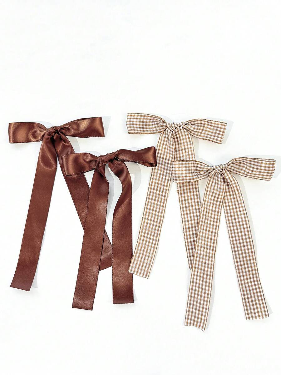 4件組女款純色緞面條紋格紋蝴蝶結髮夾,極簡風,適合日常配戴與外出 - 棕色四件套 - 查看 1