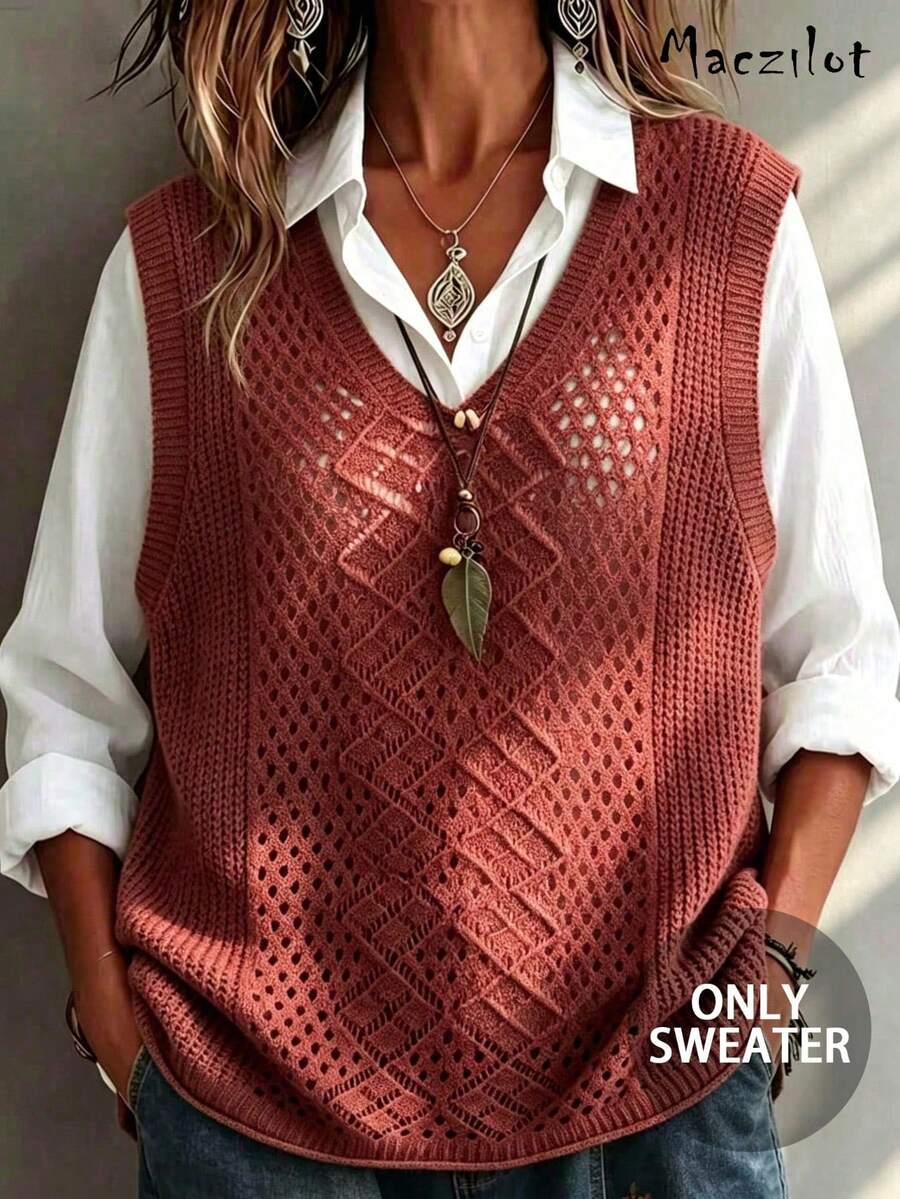Plus Size Women's Casual Versatile Hollow Diamond Pattern Vest, Loose V-Neck Mid-Length Layering Sleeveless Tank Top, Spring/Autumn Vacation - Coral Orange - View 1
