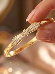 1pc Gold-Plated Copper Bracelet With Cubic Zirconia Bow Design, High-Quality Exquisite Jewelry, Ideal Gift For Wedding, Birthday, Valentine's Day Or Daily Wear For Friends, Family And Couples - Gold - View 4