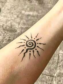 1pc Herbal Spiral Totem Sun Square Pattern Temporary Tattoo Sticker, Realistic Fake Tattoo Design, Suitable For Daily Bachelorette Party Favors, Music Festivals, Gaming, Graduation Gifts, Lasts 7-14 Days - Black - View 3