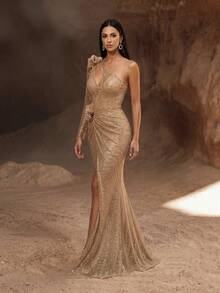 YISIKADO Luxury One-Shoulder Long Sleeve Hollow Mesh Sequin Floral Decor Ruffle Slit Fishtail Design Maxi Formal Evening Party Dress Wedding Fall - Gold - View 6
