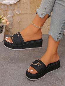 Women's Thick Sole Wedge Slip-On Sandals, Summer Outdoor Fashion Beach Flip Flops - Black - View 2