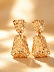 1 Pair Fashionable Versatile Woven Texture Geometric Trapezoid Dangle Earrings For Women, Suitable For Banquet And Party Wear - Yellow Gold - View 2