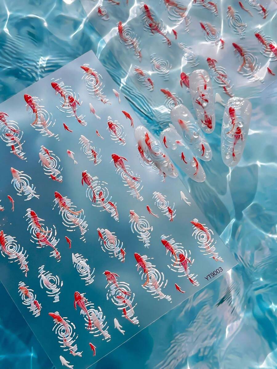 中式鯉魚水波紋美甲貼紙，紅白色小魚波紋浮雕貼紙，新中式幸運金魚裸色美甲DIY裝飾貼紙 - 彩色 - 查看 1