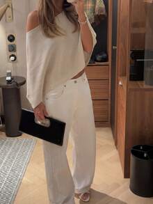 Women's Casual Vacation Style Solid Color Asymmetrical Neck Batwing Sleeve Loose Sweater, Spring/Autumn Summer - Beige Color - View 3