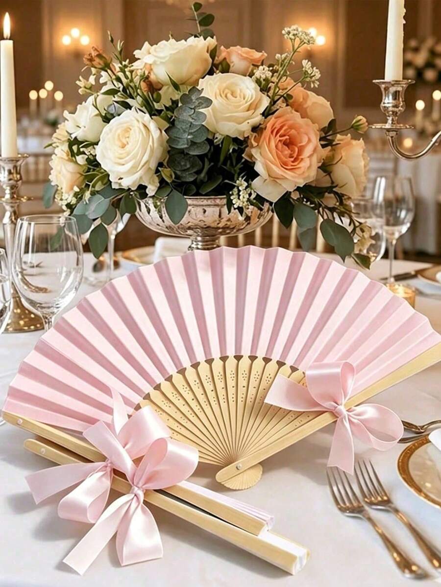 12/4 piezas Abanicos de papel blanco/rosa con lazos de cinta de satén blanco, set de múltiples piezas para recuerdos de boda, abanicos de mano para boda, elegantes abanicos de papel plegables blancos, regalos de boda para la novia, abanicos de mano decorativos para damas de honor, accesorios para fotos, decoración de asientos de boda - Multicolor - Ver 1
