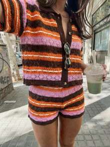 Spring/Summer Y2K Multi-Color Striped Crochet 2-Piece Set, Cropped Top & High-Waisted Wrap Shorts, Casual Street Style For Daily Wear And Vacation - Multicolor - View 4