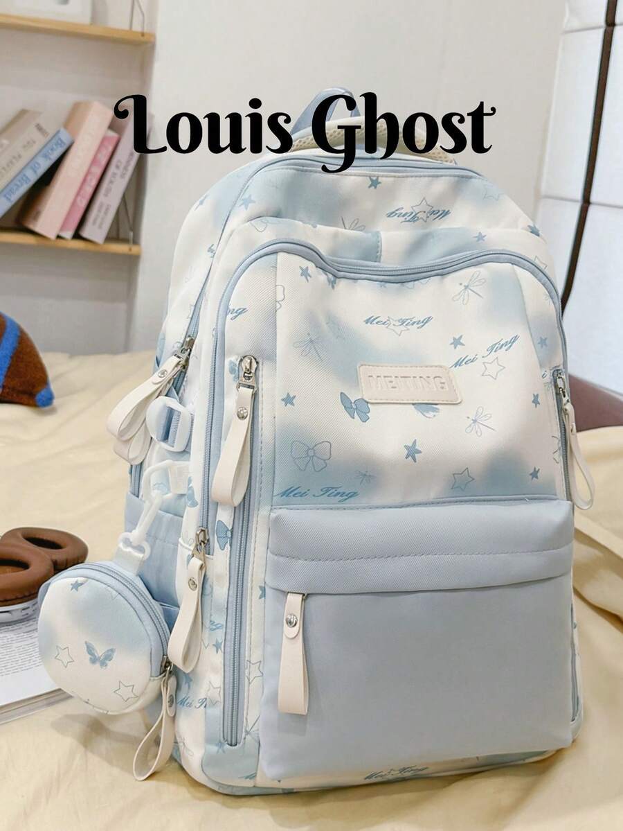 Designed Backpack Fresh Macaron Color Scheme School Bag For Female Students Korean Campus Style. Large Capacity Layered Design Can Easily Store Laptop, Textbooks And Daily Items, Front Pocket And Side Pocket Organized. Thoughtfully Includes Matching Printed Round Coin Purse, Perfect For School Commute, Weekend Outings Or Short Trips. No Pendant. - Multicolor - View 1