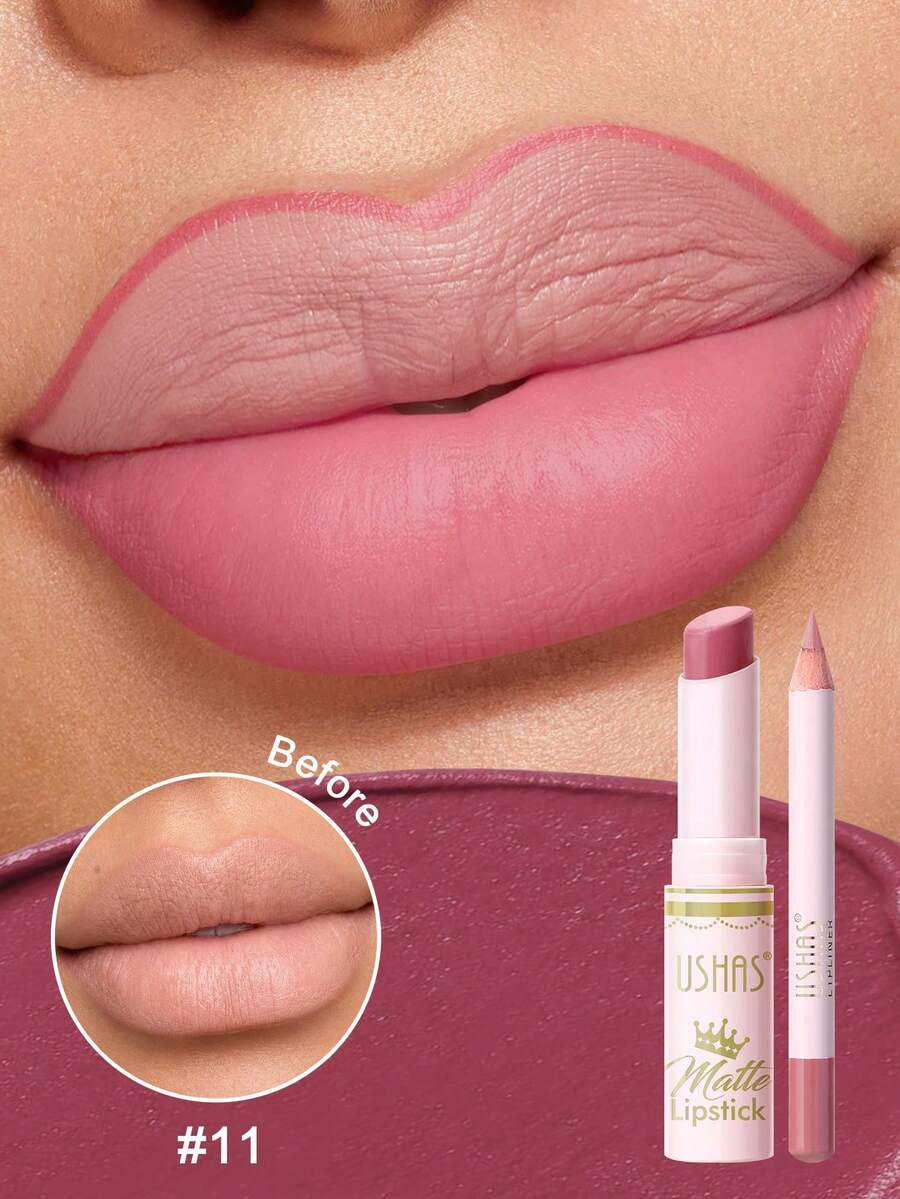 USHAS 2-In-1 Matte Lipstick & Lip Liner Kit, Waterproof & Long-Lasting, Velvet Finish Lipstick And Matching Lip Liner Combo, Non-Stick Cup, All-Day Wear, Nude & Bold Shades For Everyday & Party