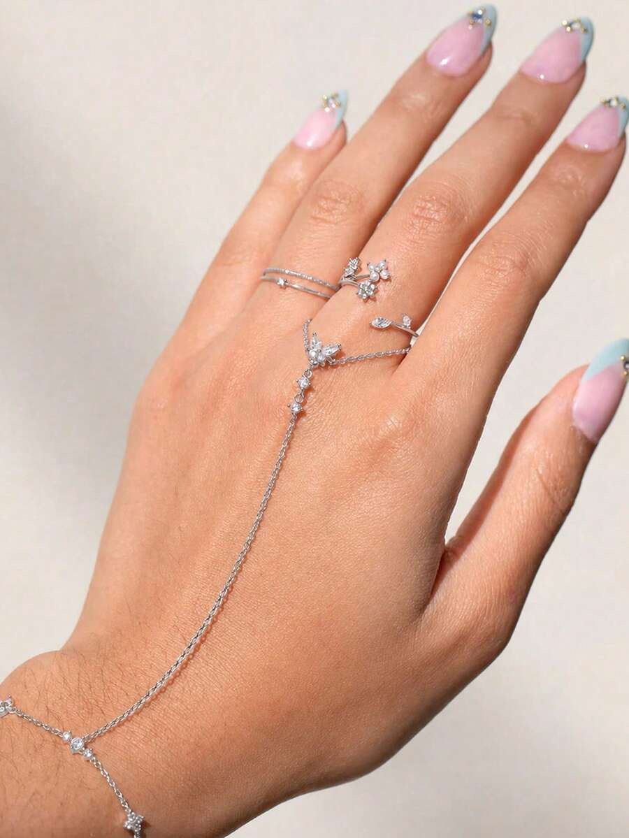 金色花朵手鍊女款 水晶手指戒指手鍊 波西米亞仙女風夏季派對造型飾品 - 銀白 - 查看 1