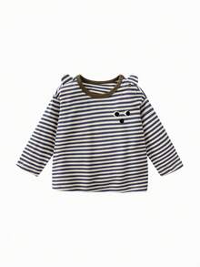 mini bala Kids Cotton Striped Brushed Soft Long Sleeve T-Shirt Cute Style Comfy Base Top 2026 Autumn New Arrival - White and Blue - View 4