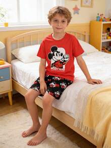 Disney [Licencia oficial] Conjunto de 2 piezas de camiseta de manga corta con cuello redondo y pantalones cortos con estampado de dibujos animados rojos para niños preadolescentes, suave y cómodo, adecuado para uso diario casual, interior/exterior, viajes y vacaciones - Rojo - Ver 2