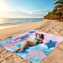 1pc 4-7ft Adult Pink-Blue Gradient Blanket, Polyester Quick-Dry Sand-Proof Picnic Mat With Stakes - Compact, Suitable For Travel, Camping, Hiking, Beach Leisure | Colorful Beach Mat | Durable Outdoor Mat, Beach Accessory - Multicolor - View 1
