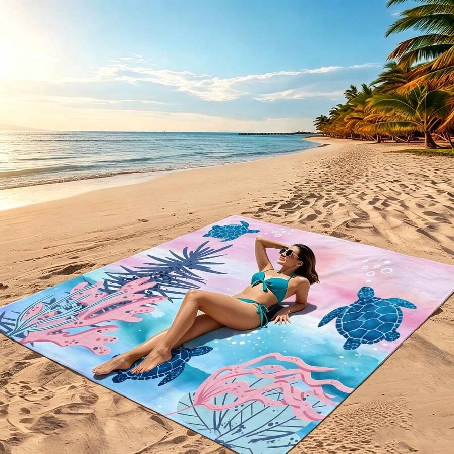 1pc 4-7ft Adult Pink-Blue Gradient Blanket, Polyester Quick-Dry Sand-Proof Picnic Mat With Stakes - Compact, Suitable For Travel, Camping, Hiking, Beach Leisure | Colorful Beach Mat | Durable Outdoor Mat, Beach Accessory - Multicolor - View 1