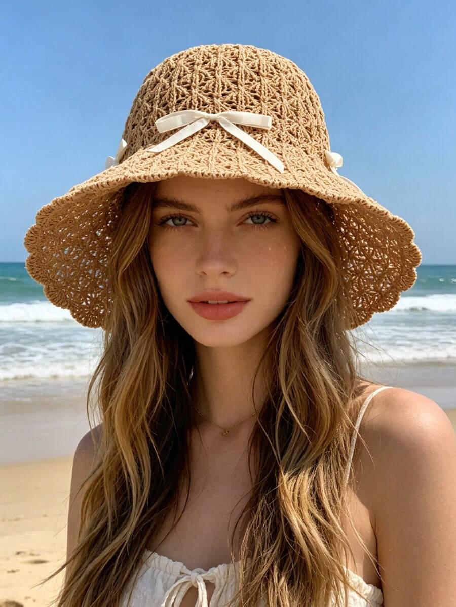 1pc Women's Hollow Woven Sun Hat, Wavy Lace Satin Bow Decor Wide Brim Bucket Hat, Small Breathable Sun Protection Hat, Suitable For Daily Outings - Multicolor - View 1