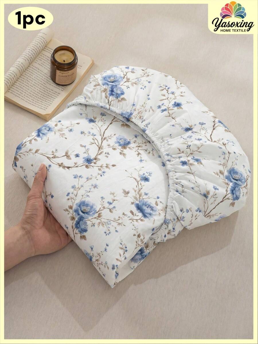 1pc White Background Watercolor Blue Branch Peony Floral Pattern Fitted Sheet, No Filling, Bedroom Use Flannel Ultra-Fine Fiber Breathable Comfortable Fitted Sheet, King/Queen/Full/Twin Size - Baby Blue - View 1