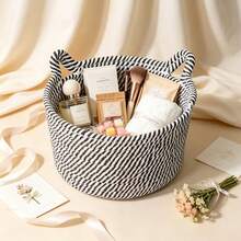 1pc/3pcs Handmade Woven Cat Design Rope Storage Basket, Cat Ear Decor Woven Desktop Storage Basket, Suitable For Living Room, Bedroom, Desktop, Bedside, Bathroom, Dorm, Home Atmosphere Decor, Modern Bohemian Rope Hanging Basket, Natural Mixed Rattan Decor, Perfect For Back To School Season - Black and White - View 4