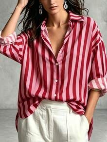 Explosion Women's Spring/Summer/Autumn/Winter Street Retro Bohemian Style Vacation Color Block Striped Pattern Pink Casual Lapel Long Sleeve Red - Merah - View 4