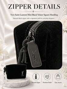 YSL Saint Laurent Mini Black Velvet Makeup Bag 12*10cm, Glitter Velvet Fabric With Embroidery, Smooth Metal Zipper, Compact And Portable, Ideal For Makeup Storage And Gifting - Black - View 7