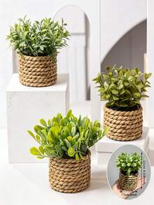 1pc Artificial Woven Rattan Potted Plant, Faux Eucalyptus Greenery, Mini Potted Plant, Home Decor, Suitable For Desktop, Party, Kitchen, Garden Decoration, Decorative Ornament, Sculpture, Room Decor, Back To School, Wedding - Multicolor - View 6
