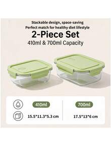 2pcs Rectangle High Borosilicate Glass Food Storage Container, Microwave Freezer Oven Dishwasher , Stackable Portable Meal Prep Lunch Box For Kitchen Refrigerator, Office Work Lunch, Outdoor Picnic & Camping, Family Daily Food Preservation - Green - View 2