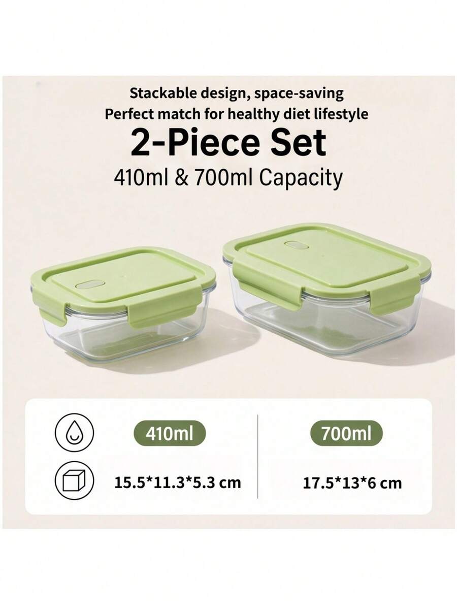 2pcs Rectangle High Borosilicate Glass Food Storage Container, Microwave Freezer Oven Dishwasher , Stackable Portable Meal Prep Lunch Box For Kitchen Refrigerator, Office Work Lunch, Outdoor Picnic & Camping, Family Daily Food Preservation