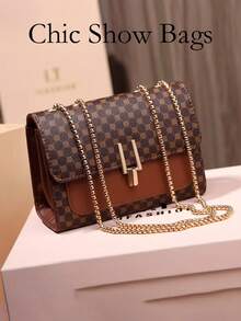 Elegante bolso cruzado de hombro con cadena de cuero PU acolchado para mujer, bolso mensajero minimalista de lujo para llevar bajo el brazo, estampado a cuadros, forro de poliéster, lavable - Marrón - Ver 6