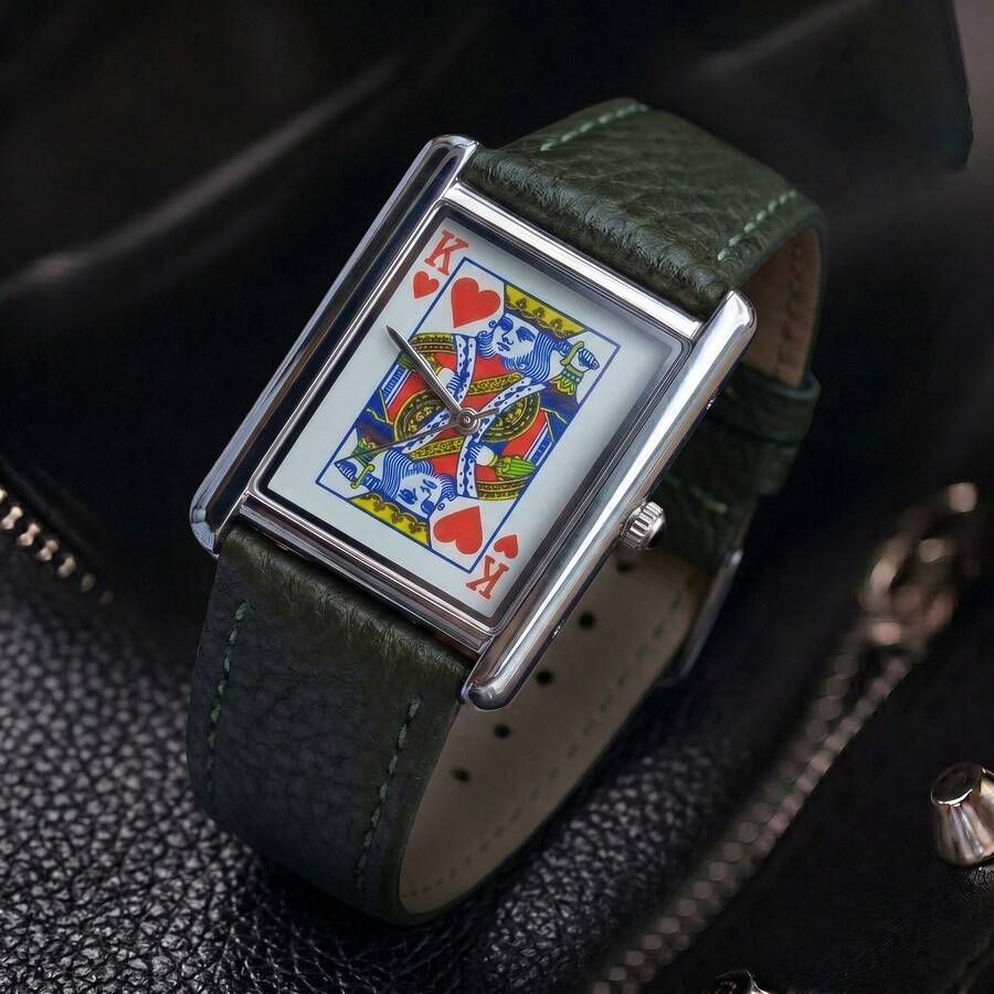 1 pieza Reloj con diseño de Rey de Corazones de la baraja CILOA - Accesorio de moda y único como regalo para jugadores de cartas - Verde militar - Ver 1