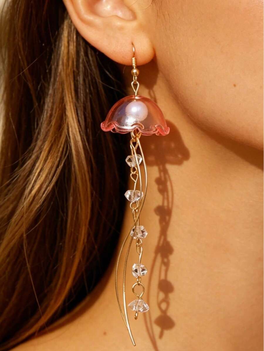 1 Paar elegante personalisierte Quallen-Ohrringe mit langen Quasten für Damen, kreatives Design mit transparenten Strass-Quallen, geeignet für Alltag, Party, Date, Urlaub, Musikfestival, Sommerstrandurlaub, Gedenkgeschenk für Freunde, Familie, Paare, Frauen, Schmuckaccessoires