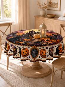 1pc-Halloween Tablecloth, Haunted House Black Cat Pumpkin Candy Table Cover, Spooky Gothic Fall Holiday Table Decor For Dining Room Kitchen, Party Home Decoration, Indoor Outdoor Tabletop Cover - Multicolor - View 1