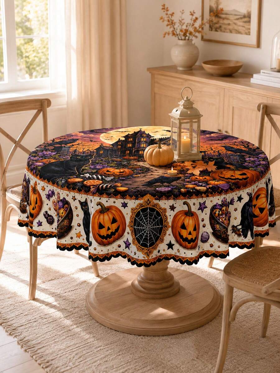 1pc-Halloween Tablecloth, Haunted House Black Cat Pumpkin Candy Table Cover, Spooky Gothic Fall Holiday Table Decor For Dining Room Kitchen, Party Home Decoration, Indoor Outdoor Tabletop Cover - Multicolor - View 1