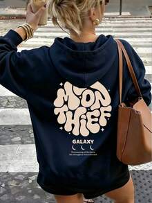 Women's Hooded Sweatshirt, Autumn/Winter New Letter Print, Drawstring Design, With Pockets, Casual Versatile Loose Top, Fashionable Daily Wear - Navy Blue - View 2