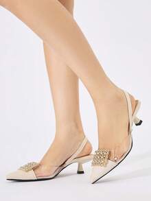 Women's Backless Slingback Stiletto Sandals With Rhinestone Square Buckle, Transparent PVC Embossed Patchwork Pointed Toe Kitten Heel Shoes, Beige Closed Toe Backless Shoes For Commute, Date, Party, Wedding, Bridesmaid - Beige - View 4