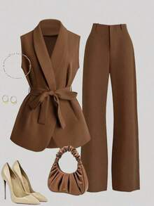 Women's Summer Set: Elegant, Minimalist Solid Brown Sleeveless Wrap-Waist Peter Pan Collar Blouse And High-Waisted Straight-Leg Pants - Brown - View 1