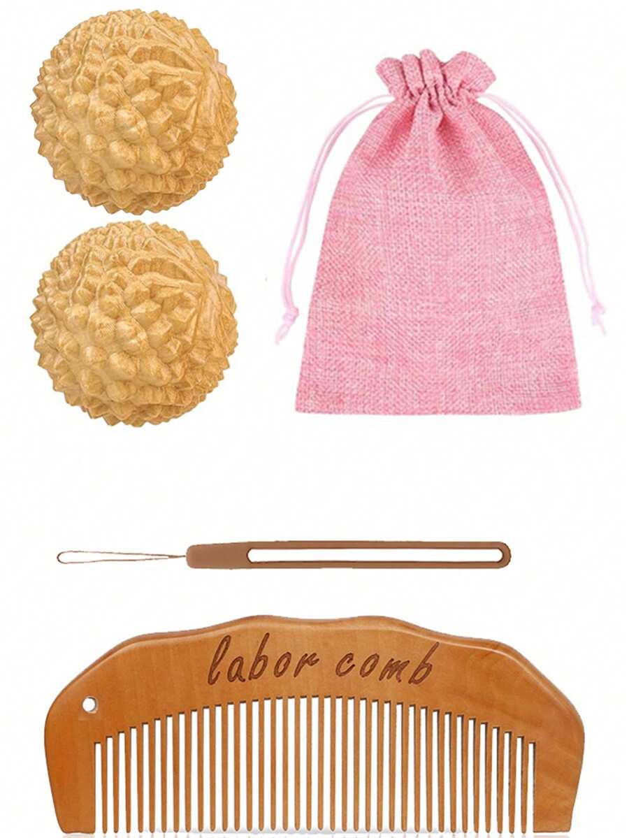 Natural Wooden Labor Comb & 2Pcs Massage Hand Balls, Labor Pain Relief Delivery Aid, Must-Have Maternity Hospital Bag Essentials, Perfect Gift For Pregnant Women, Double Wooden Balls For Two-Hand Simultaneous Grip - Multicolor - View 1