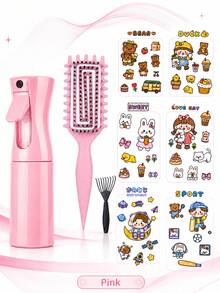 可愛 DIY 造型禮品套組，包含噴霧瓶、造型梳、尾梳和卡通貼紙頁，便攜式美髮護理套裝，適合女性，粉色、紫色、白色、綠色、黑色可選 - 彩色 - 查看 13