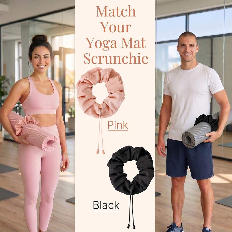 Adjustable Yoga Mat Scrunchie, 2-In-1 Yoga Mat Strap And Hair Tie, Fits All Standard & Extra Thick Yoga Mats, Expands Up To 11" X 11", Pink/Black, NOT Include Mat, ONLY Scrunchie