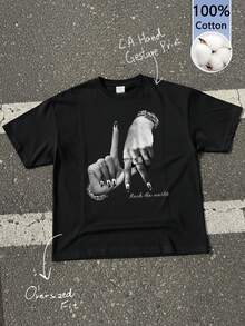 Camiseta Casual para Mujer , Corte Suave, Cuello Redondo, Manga Corta, Estampado de Gestos con las Manos LA - Ropa Urbana de Verano/Otoño/Invierno, estilo vi - Negro - Ver 1