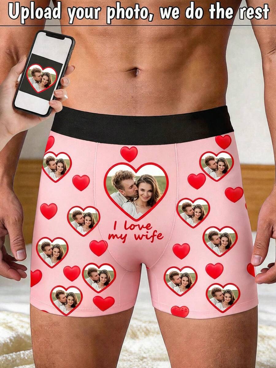 1pc Customizable Men's Boxer Briefs, Black Shorts, Comfortable And Breathable, Printed Pattern, Perfect Gift For Husband And Girlfriend On Christmas, Valentine's Day, Birthday