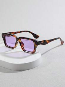 1 par de gafas de moda minimalistas con marco de metal cuadrado retro para mujer, adecuadas para uso diario, actividades de ocio al aire libre, vacaciones de verano en la playa, viajes al aire libre y otras ocasiones - Marco estampado leopardo pieza morada - Ver 4