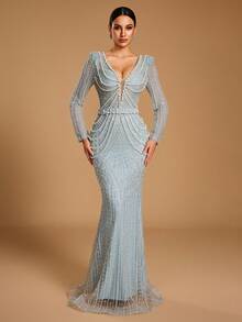 GIFORU Light Ice Blue Heavy Beaded Mermaid Evening Gown For Women, Custom Style Dress Fall Wedding Party - Dusty Blue - View 9