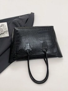 新款女款托特包 素色大容量仿鱷魚壓紋手提包 適合日常通勤 空間充足 便攜實用 百搭經典休閒商務風 適合職場人士 工作 校園 旅行 - 黑色 - 查看 7