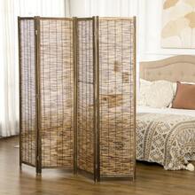 [Free Shipping] HOMCOM 4 Panel Room Divider, 5.5 Ft Portable Folding Privacy Screens, Reed Hand-Woven Freestanding Partition Wall Dividers For Home Office, Carbonized-XY369605 - Multicolor - View 6
