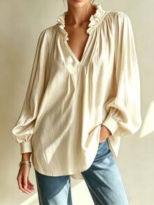 European & American Spring/Autumn Women's New V-Neck Ruffle Puff Long Sleeve Loose Casual Blouse Top - Apricot - View 2