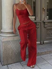 Casual Versatile Solid Color Camisole & Sweatpants Set Summer Red Elegant - Red - View 4