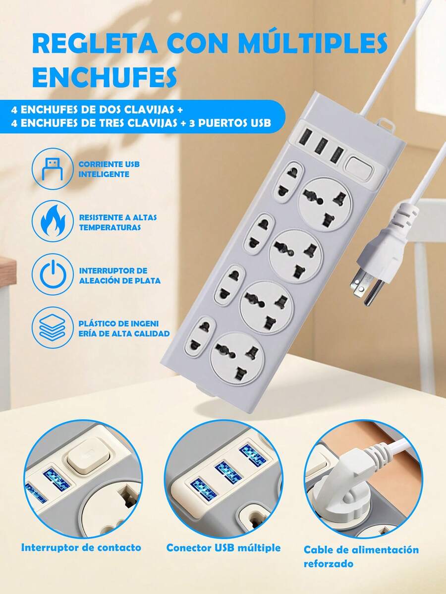 Australian Extension Cable, Multi-Outlet Plug, AC Power Strip, Independent Switch, Mains Filter With USB C Charging Ports - Multicolor - View 1