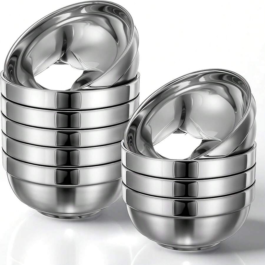 1 buah Mangkuk Stainless Steel Mengkilap, Mangkuk Sup Gaya Jepang, Mangkuk Nasi, Mangkuk yang Dapat Ditumpuk, Tahan Lama dan Mudah Dibersihkan, Mangkuk Makan Sehari-hari, Mangkuk Makanan - Perak - View 1